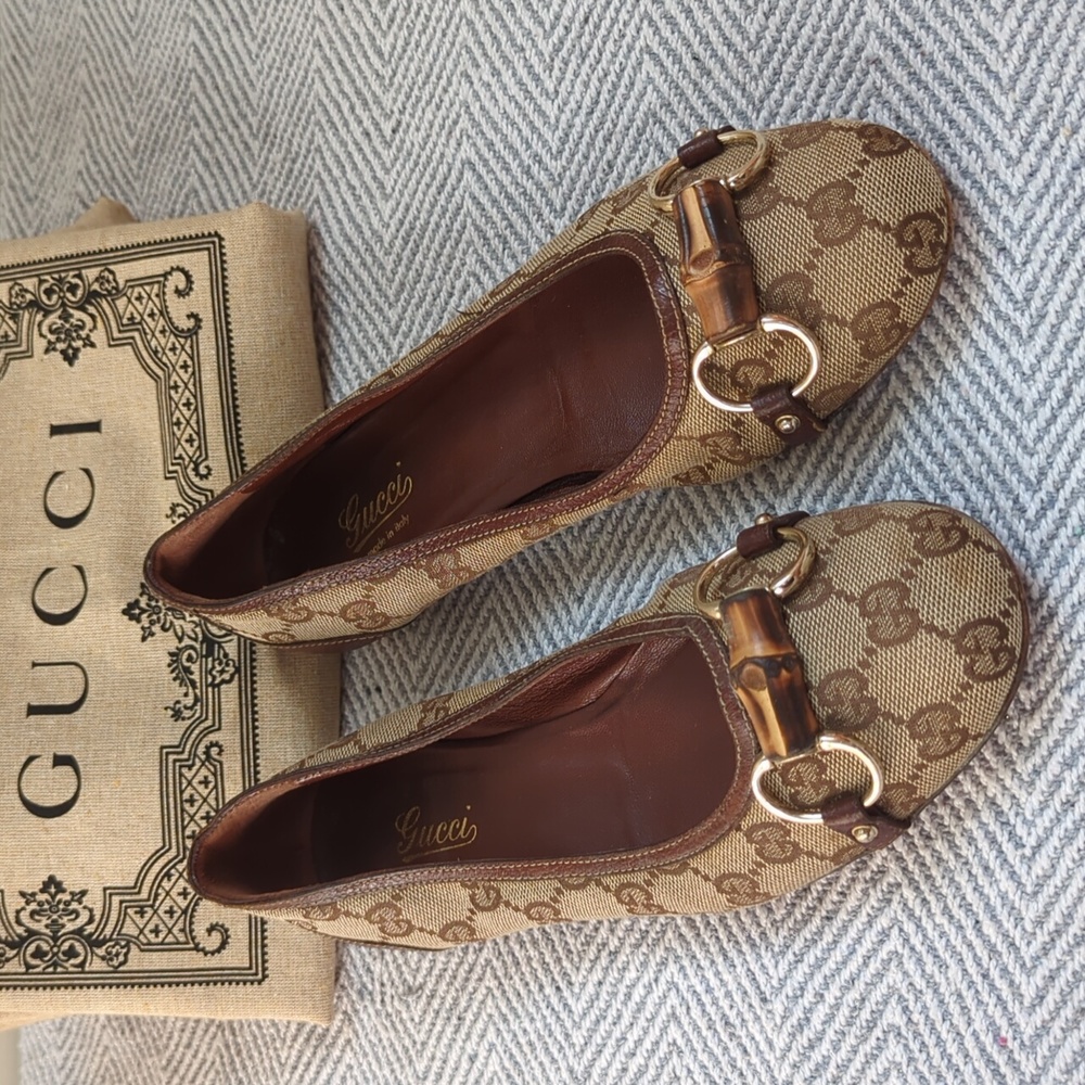 Gucci Brown Monogram Flats with Bamboo Detail